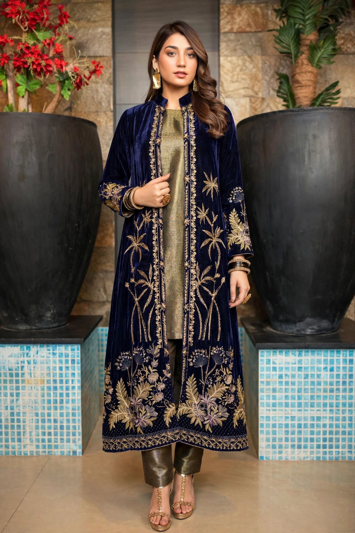 Navy Velvet Open Jacket with Olive Inner 3-Piece | VN-018