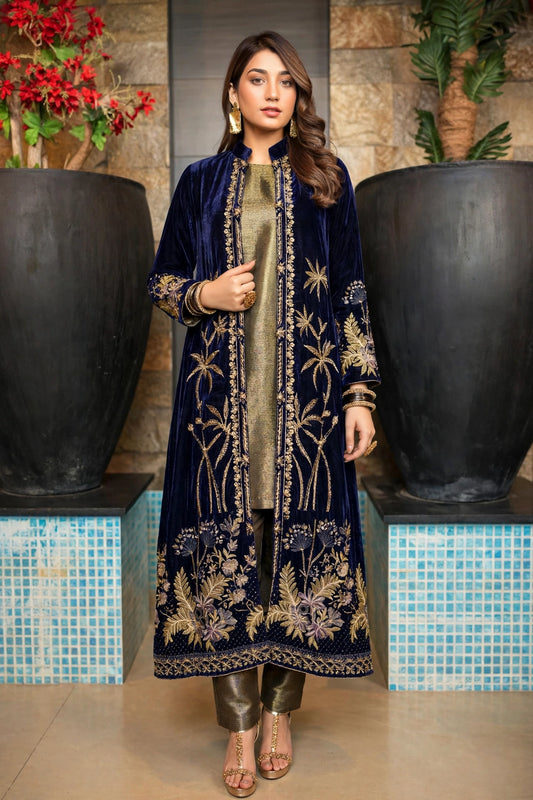 Navy Velvet Open Jacket with Olive Inner 3-Piece | VN-018