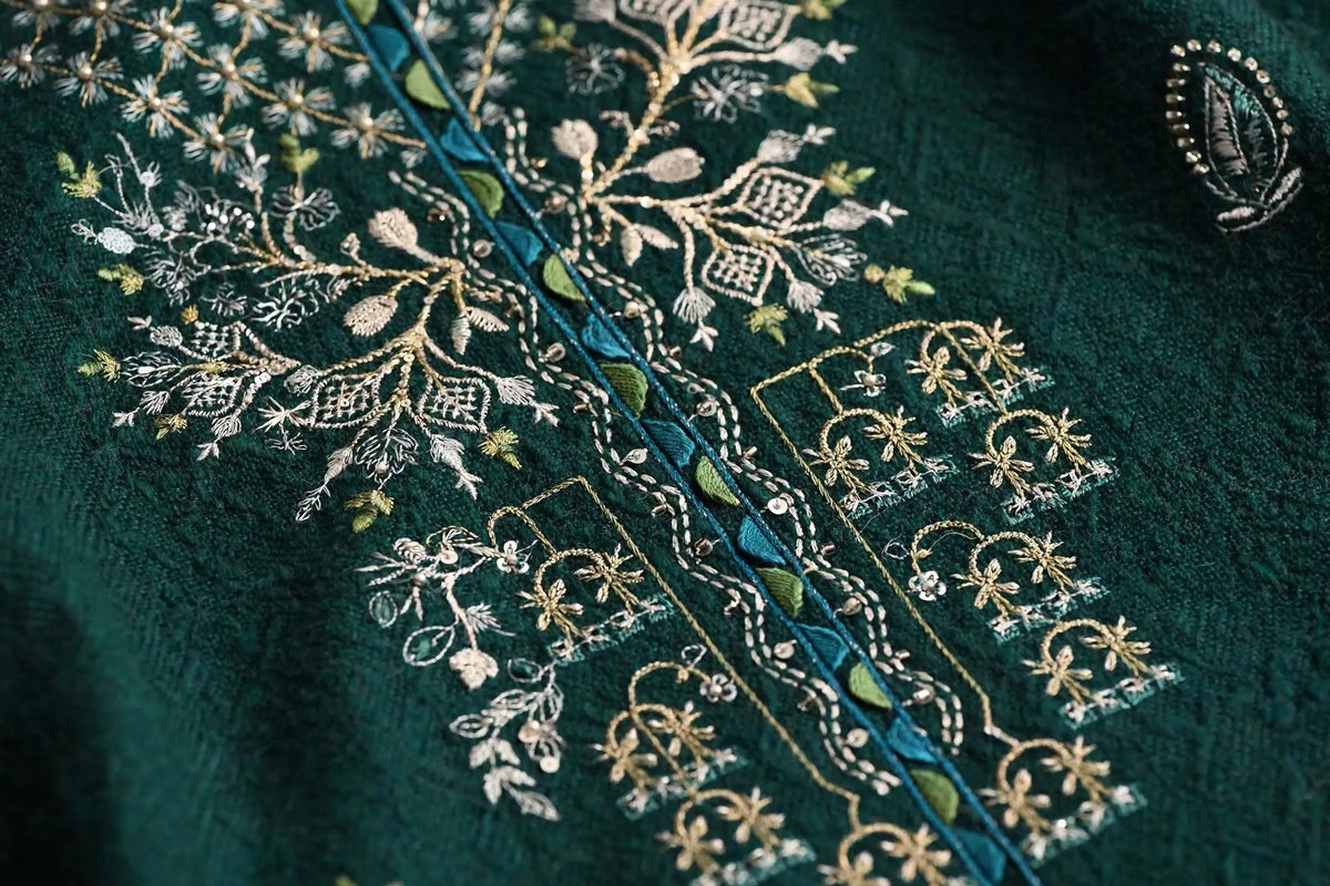 Emerald Green — Silver Embroidered Dhanak 3-Piece | VN-022