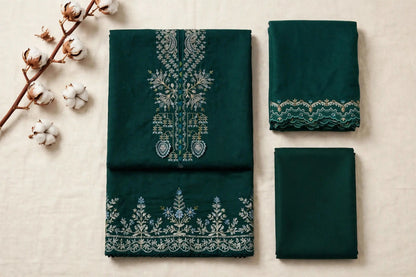 Emerald Green — Silver Embroidered Dhanak 3-Piece | VN-022