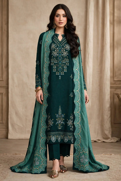 Emerald Green — Silver Embroidered Dhanak 3-Piece | VN-022