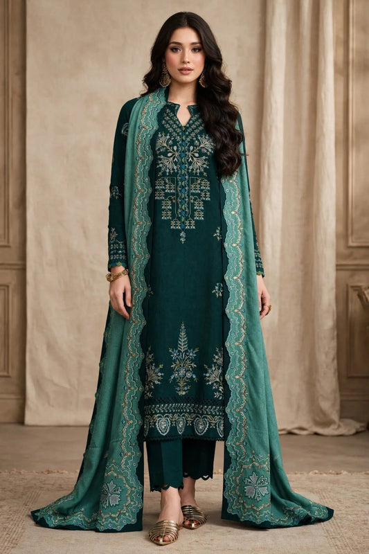 Emerald Green — Silver Embroidered Dhanak 3-Piece | VN-022