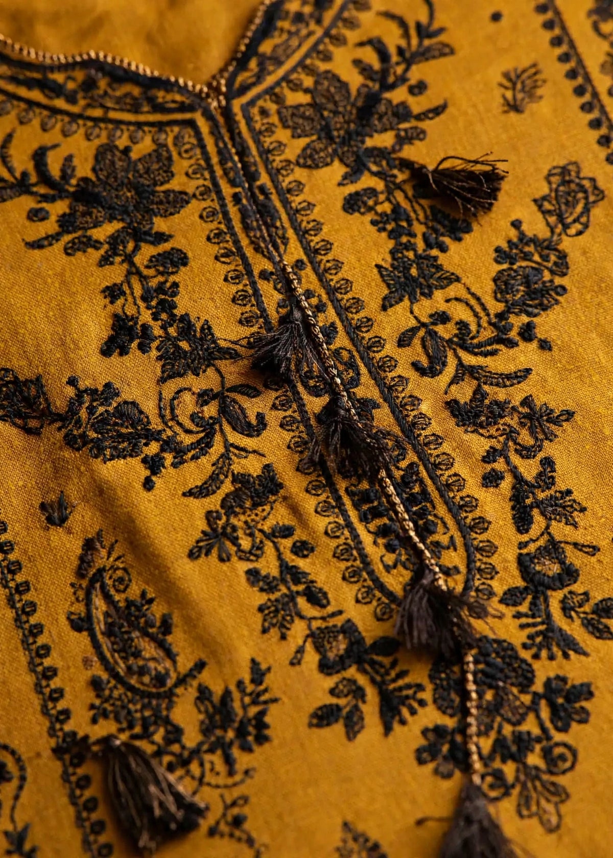 Mustard Gold — Dark Embroidered Dhanak 3-Piece | VN-023