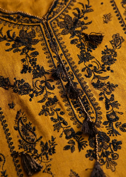 Mustard Gold — Dark Embroidered Dhanak 3-Piece | VN-023