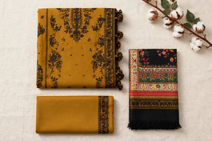 Mustard Gold — Dark Embroidered Dhanak 3-Piece | VN-023
