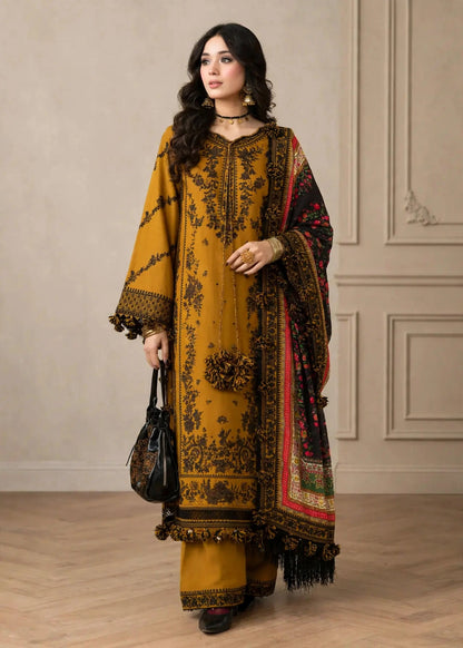 Mustard Gold — Dark Embroidered Dhanak 3-Piece | VN-023