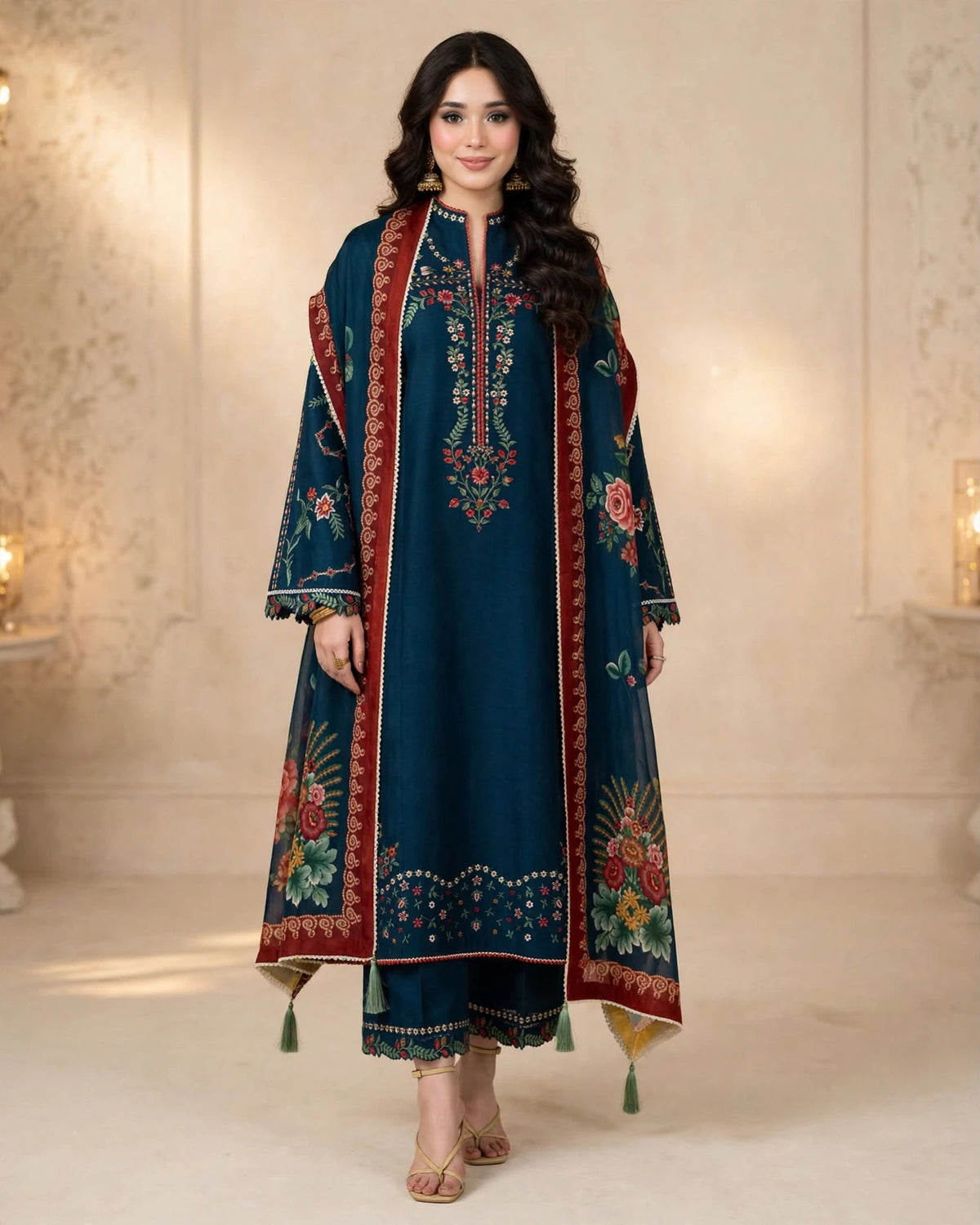 Teal Garden — Teal Floral Embroidered Dhanak 3-Piece | VN-025
