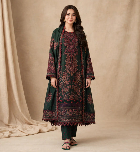 Sabz Bahar — Forest Green Paisley Embroidered Dhanak 3-Piece | VN-027