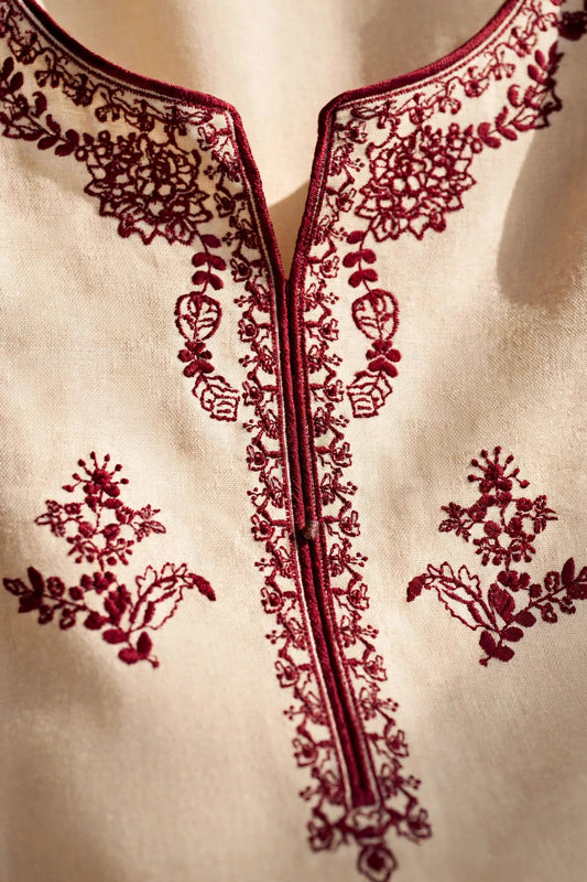 Ivory Gulnar — Ivory Maroon Embroidered Dhanak 3-Piece | VN-028