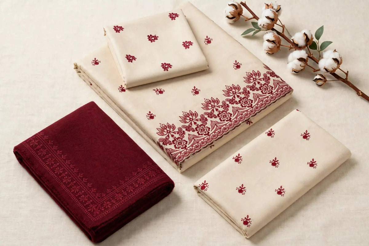 Ivory Gulnar — Ivory Maroon Embroidered Dhanak 3-Piece | VN-028
