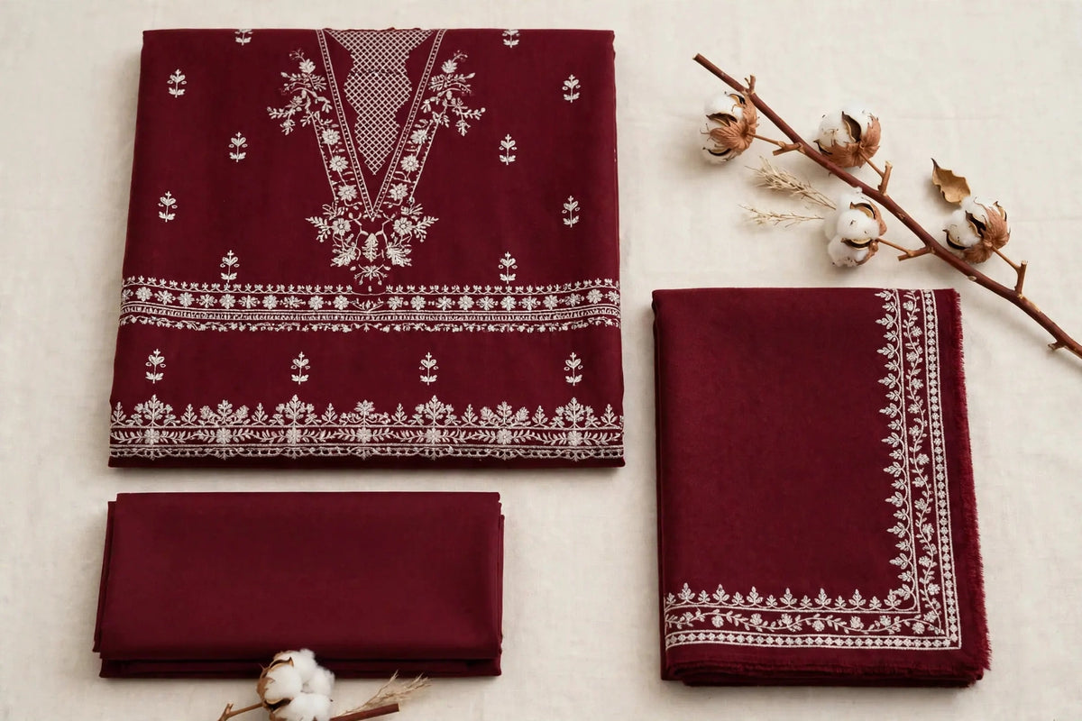 Maroon Chandni — Maroon White Embroidered Dhanak 3-Piece | VN-029