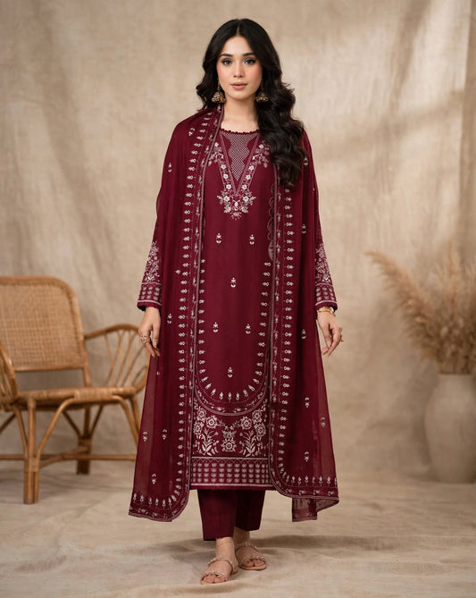 Maroon Chandni — Maroon White Embroidered Dhanak 3-Piece | VN-029