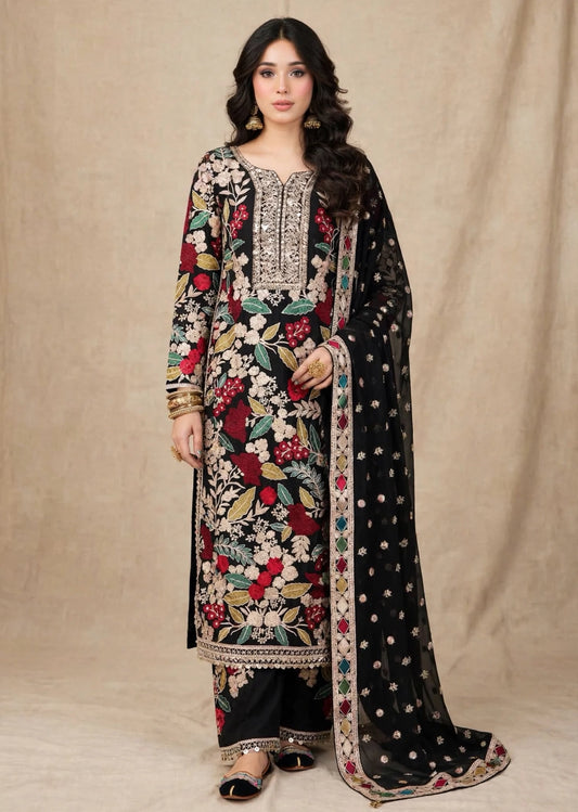 Floral Jaal — Black Embroidered Dhanak 3-Piece | VN-030