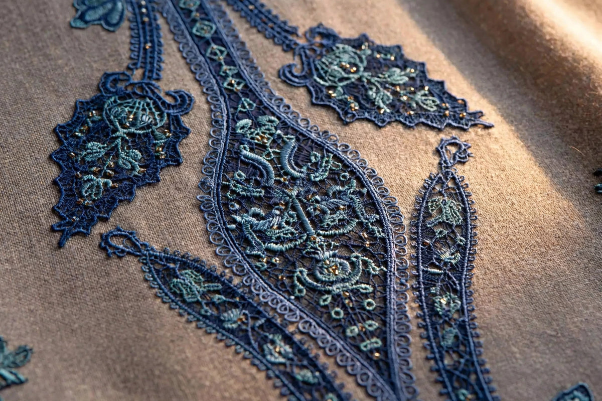 Blue Medallion — Taupe Embroidered Dhanak 3-Piece | VN-031