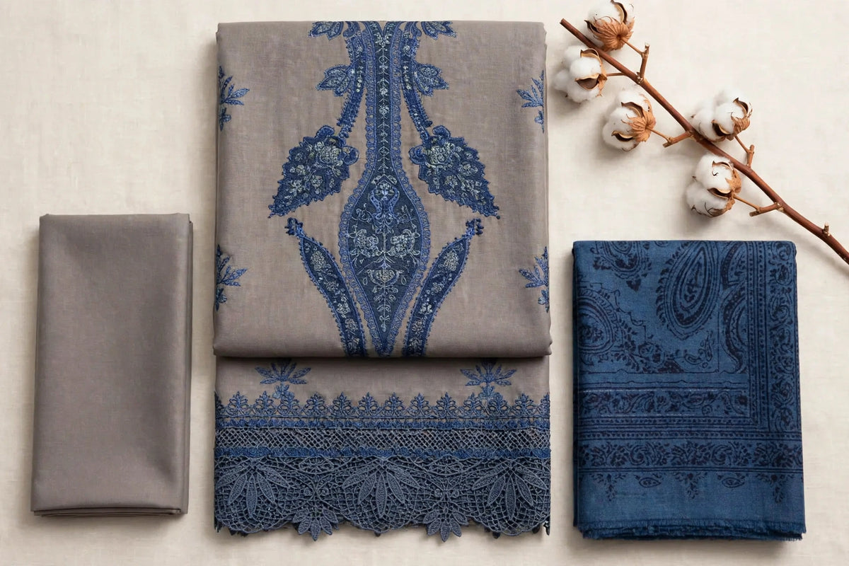 Blue Medallion — Taupe Embroidered Dhanak 3-Piece | VN-031