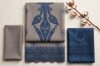 Blue Medallion — Taupe Embroidered Dhanak 3-Piece | VN-031