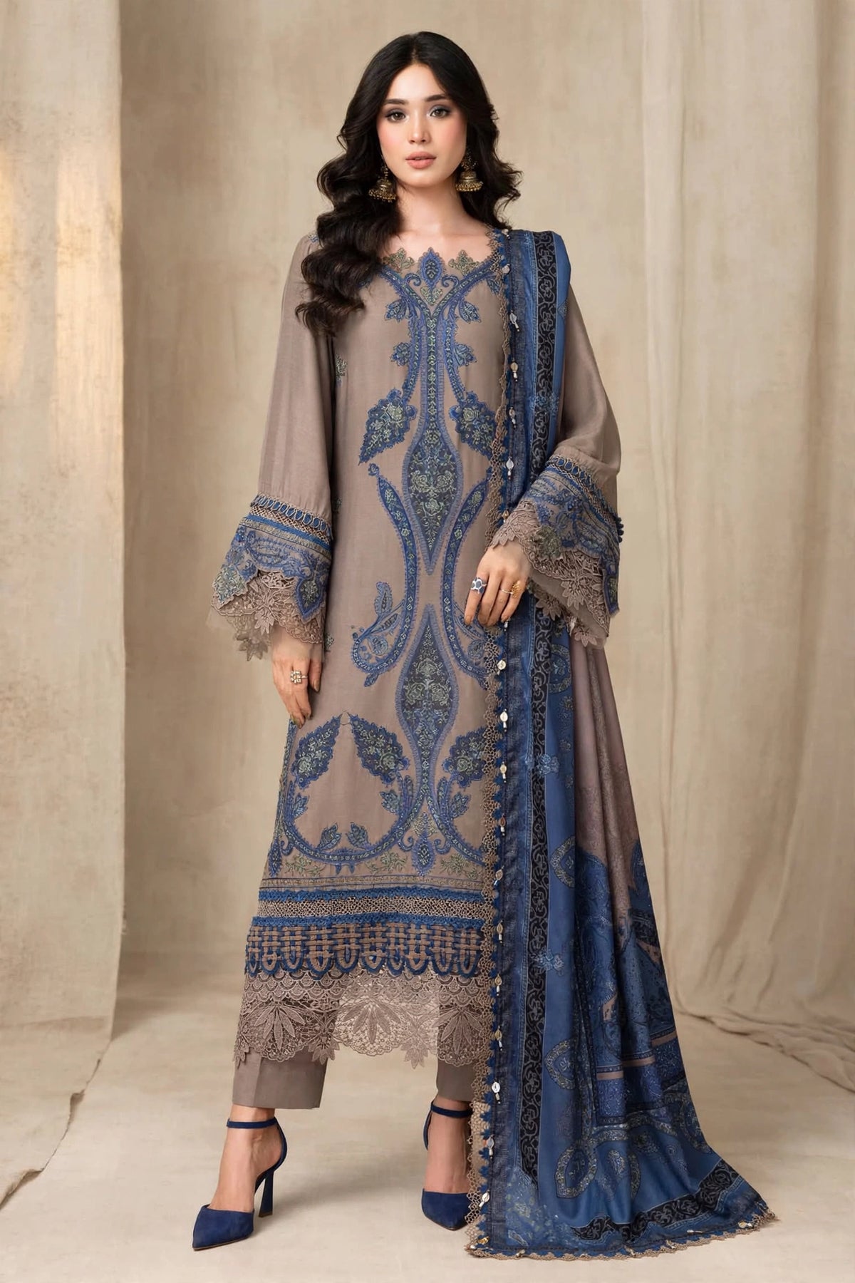 Blue Medallion — Taupe Embroidered Dhanak 3-Piece | VN-031