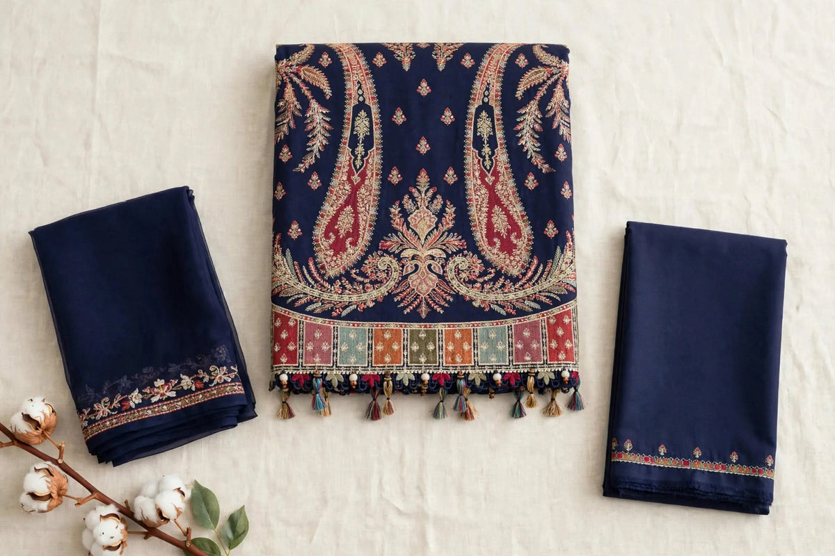 Royal Paisley — Navy Embroidered Dhanak 3-Piece | VN-032