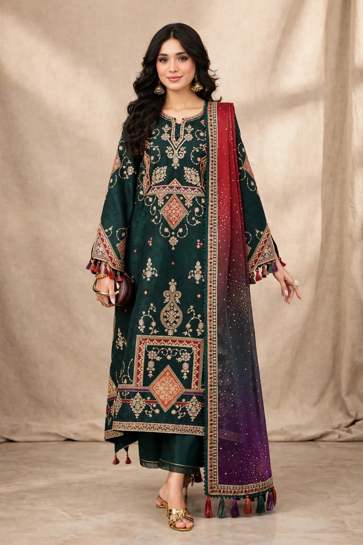 Emerald Diamond — Green Embroidered Dhanak 3-Piece | VN-033