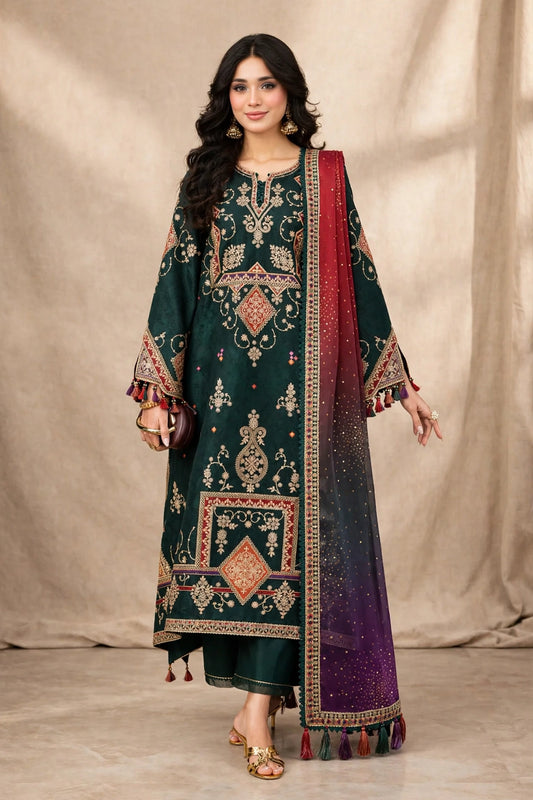 Emerald Diamond — Green Embroidered Dhanak 3-Piece | VN-033