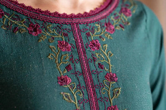 Teal Bloom — Green Embroidered Dhanak 3-Piece | VN-034