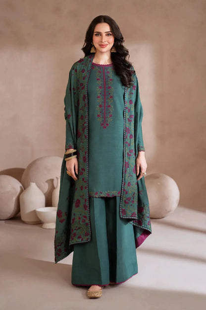 Teal Bloom — Green Embroidered Dhanak 3-Piece | VN-034