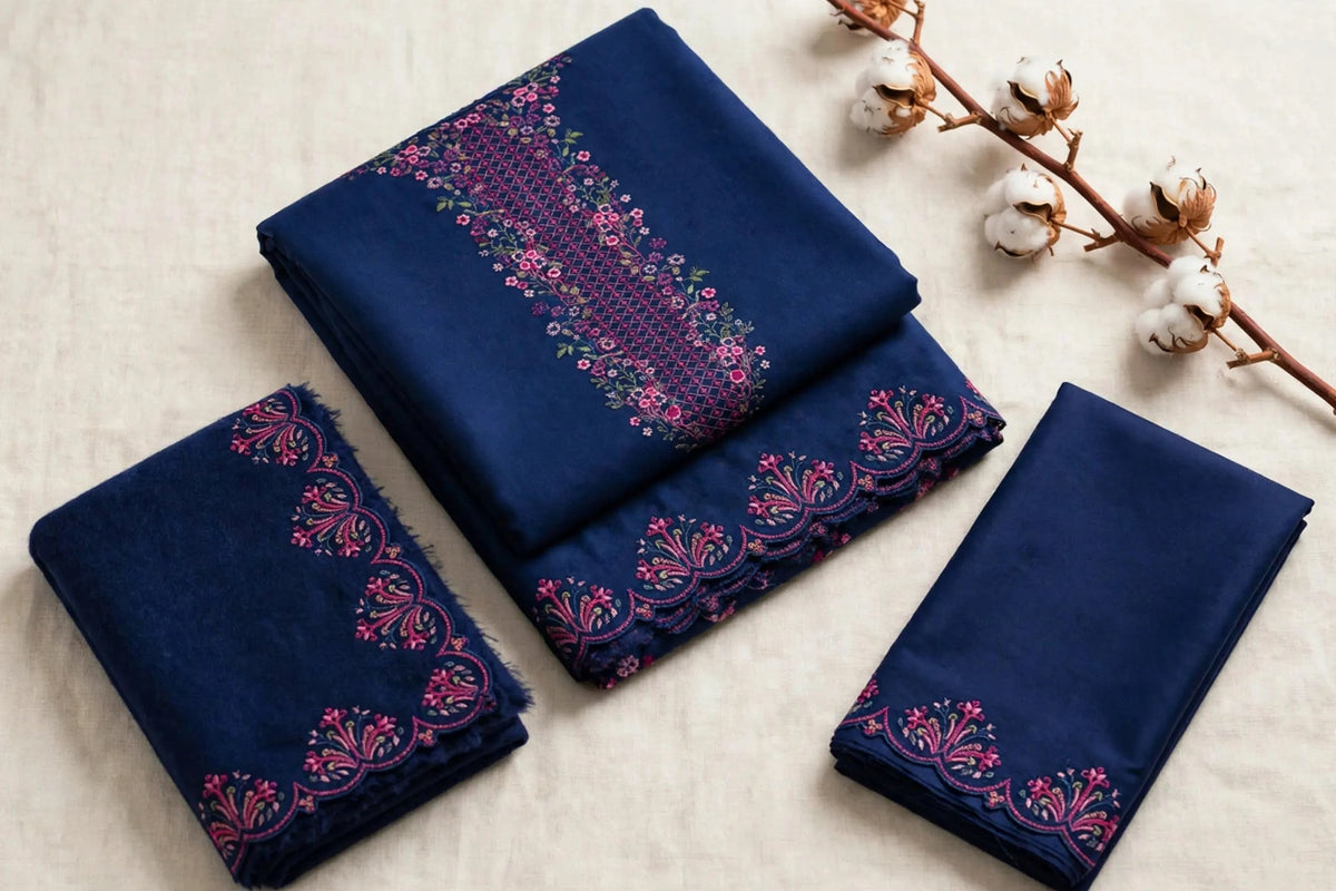 Royal Blue Lattice Neckline Embroidered Dhanak 3-Piece | VN-035