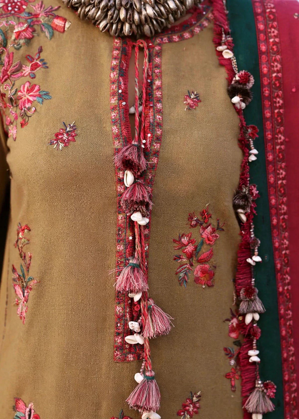 Olive Red Floral Tassel Neckline Embroidered Dhanak 3-Piece | VN-036