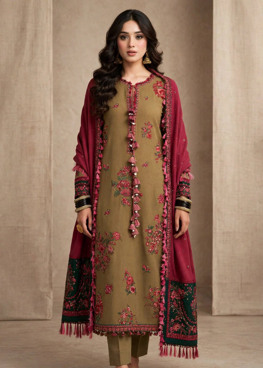 Olive Red Floral Tassel Neckline Embroidered Dhanak 3-Piece | VN-036
