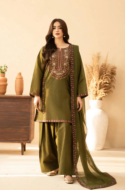 Olive Bronze Floral Embroidered Dhanak 3-Piece | VN-037