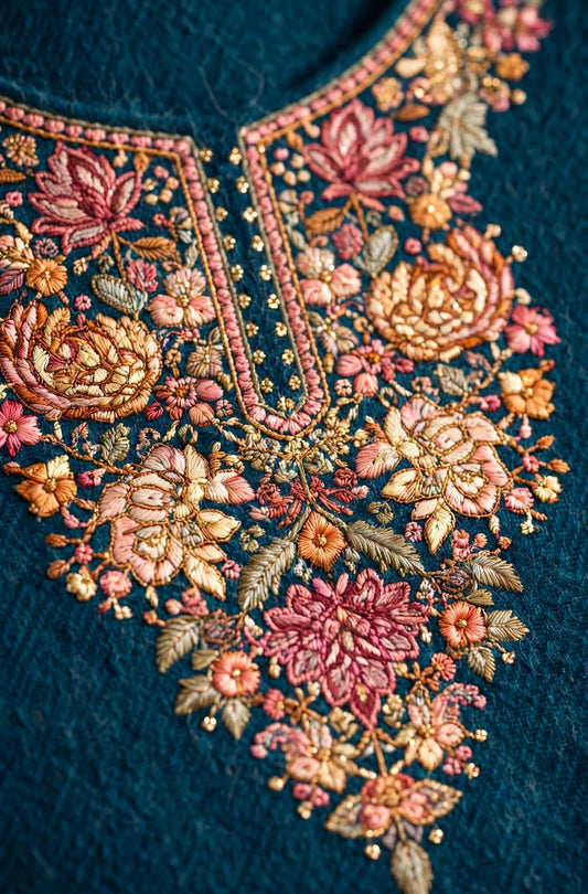 Teal Floral Bib Embroidered Dhanak 3-Piece | VN-039