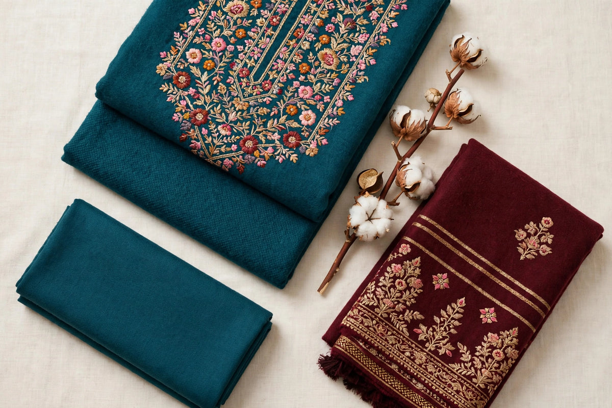 Teal Floral Bib Embroidered Dhanak 3-Piece | VN-039