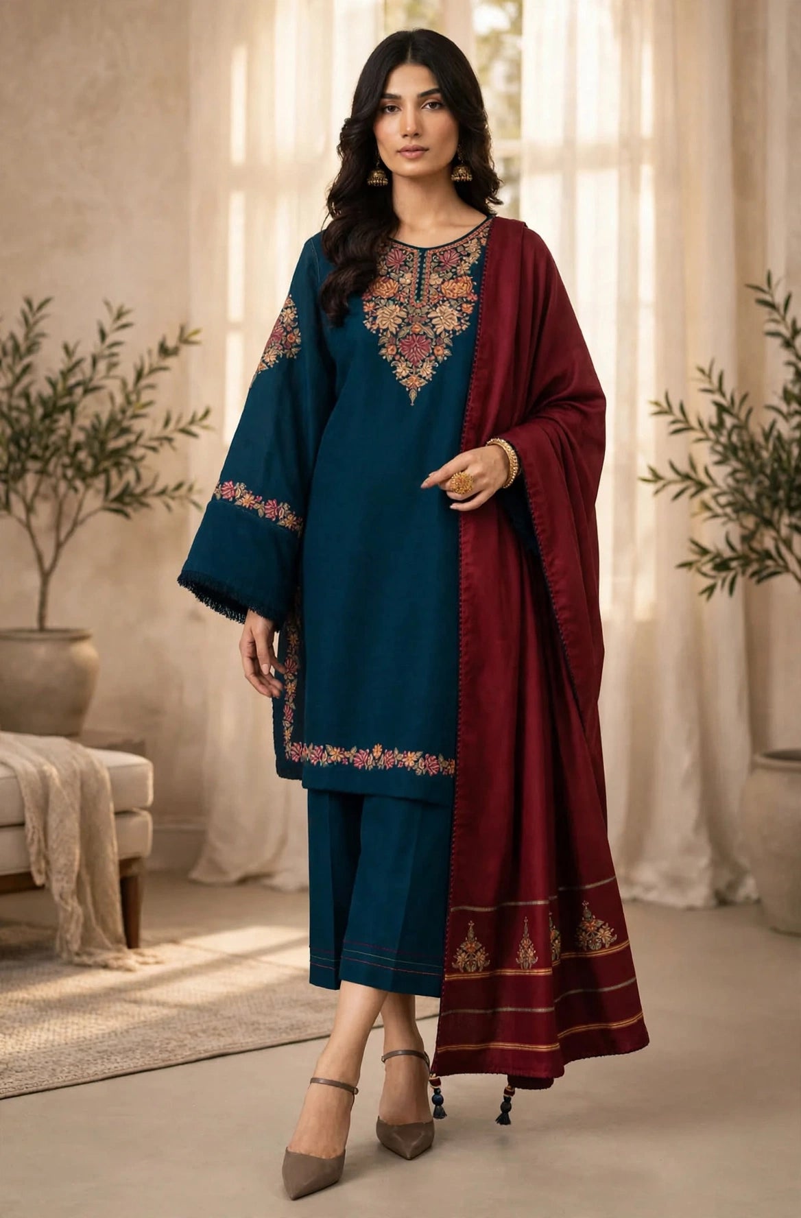 Teal Floral Bib Embroidered Dhanak 3-Piece | VN-039