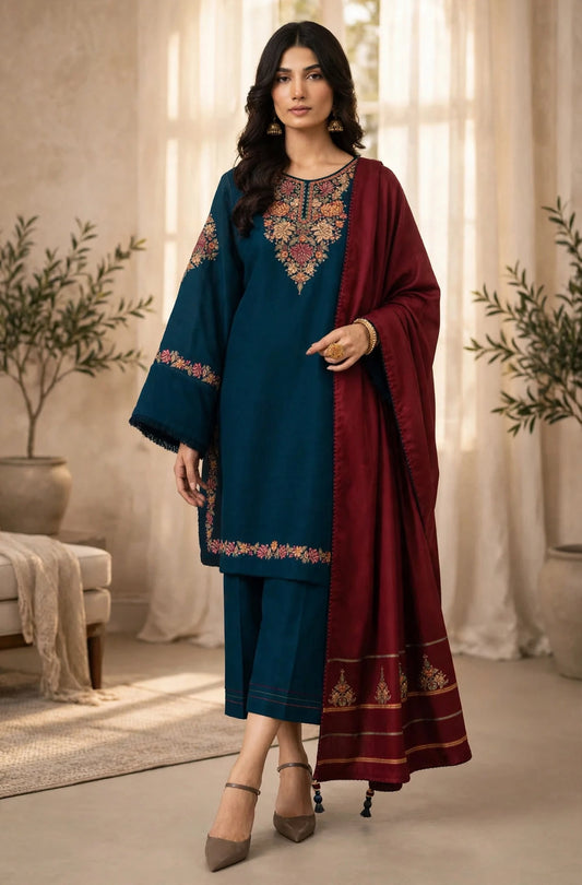 Teal Floral Bib Embroidered Dhanak 3-Piece | VN-039