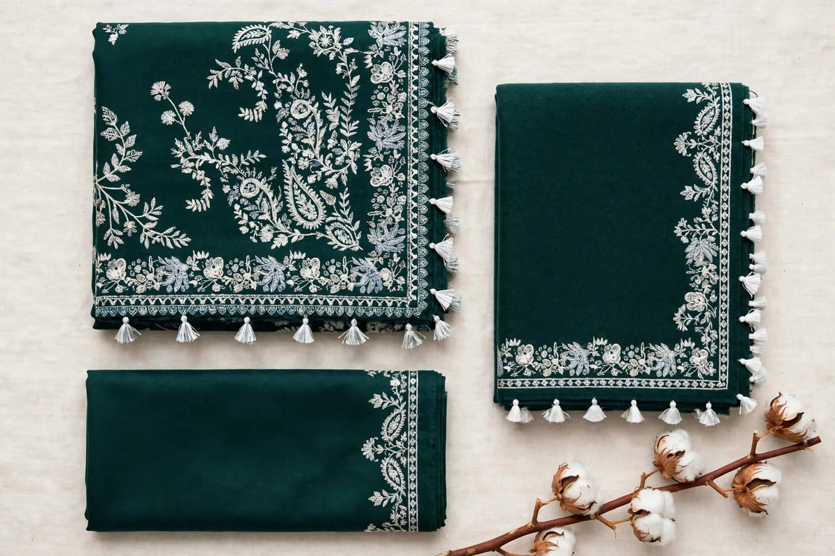 Emerald White Thread Embroidered Dhanak 3-Piece | VN-040