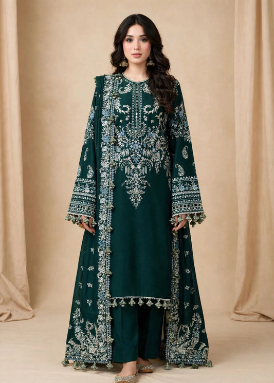 Emerald White Thread Embroidered Dhanak 3-Piece | VN-040